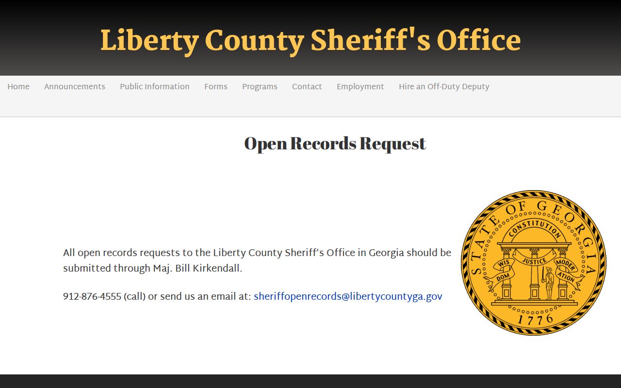 Liberty County Sheriff's Office open records request information for booking records