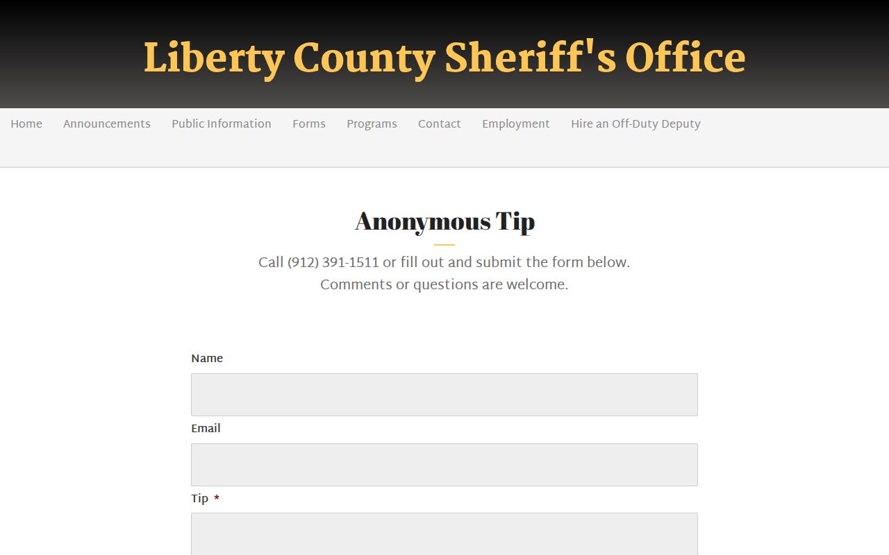 Liberty County Sheriff's anonymous tip form for wanted-person information