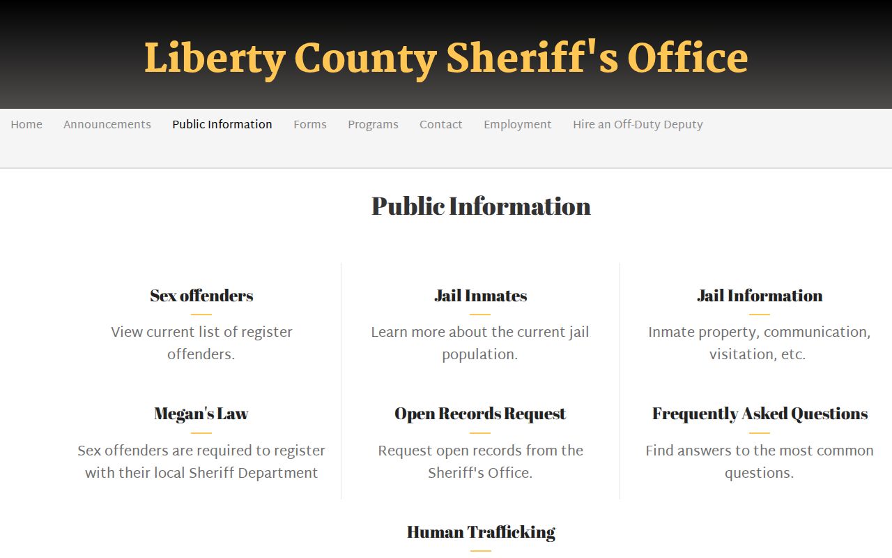 Liberty County Sheriff's official public information menu for wanted notices and warrant resources